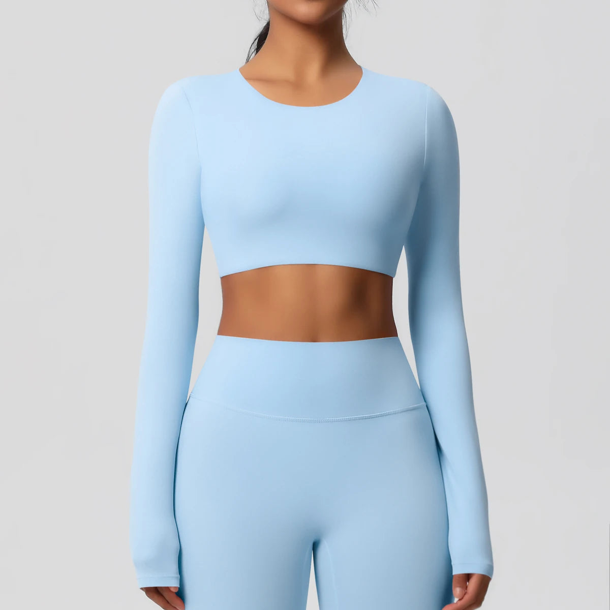 Yoga Shirts For Women Long Sleeve With Padded Fitness Running Gym Clothes Workout Dry Fit Breathable High Elastic Sports Top Sky Blue