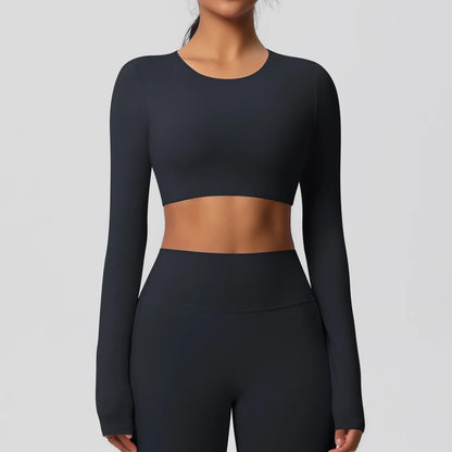 Yoga Shirts For Women Long Sleeve With Padded Fitness Running Gym Clothes Workout Dry Fit Breathable High Elastic Sports Top Black