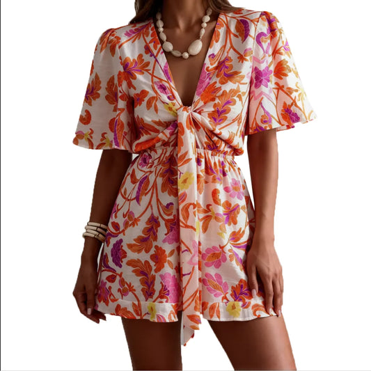 2026 Spring/Summer European & American Style Women's Dress – V-Neck with Waist Bow Tie Detail, Slimming & Waist-Defining