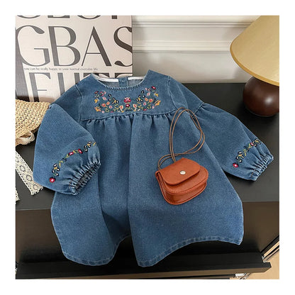 Kids Clothing Spring And Autumnr Round Neck Floral Embroidered Long Sleeve Denim dress Girls Dress Princess Dress BZ3560 blue