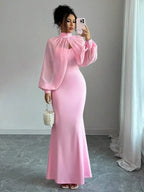 Elegant Pink Mermaid Gown with Beaded Sheer Capelet, Bodycon Slip Dress Set