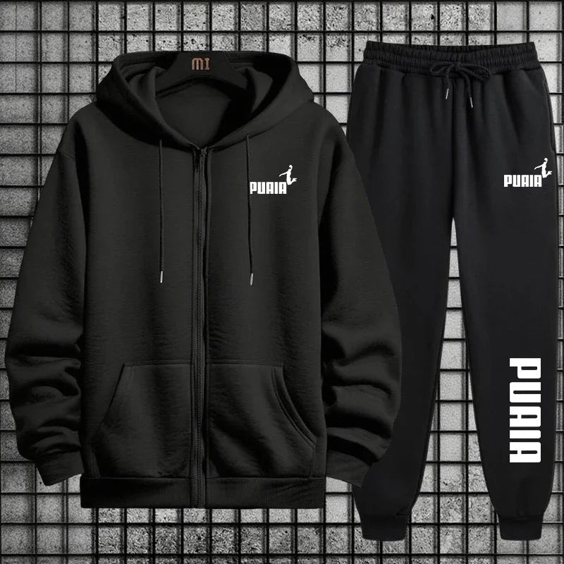 New in Women Tracksuit Trend Printing Hooded Sweatshirts Pants 2Pcs Set Casual Zipper Overcoat Suit Daily Clothing Autumn Winter Black