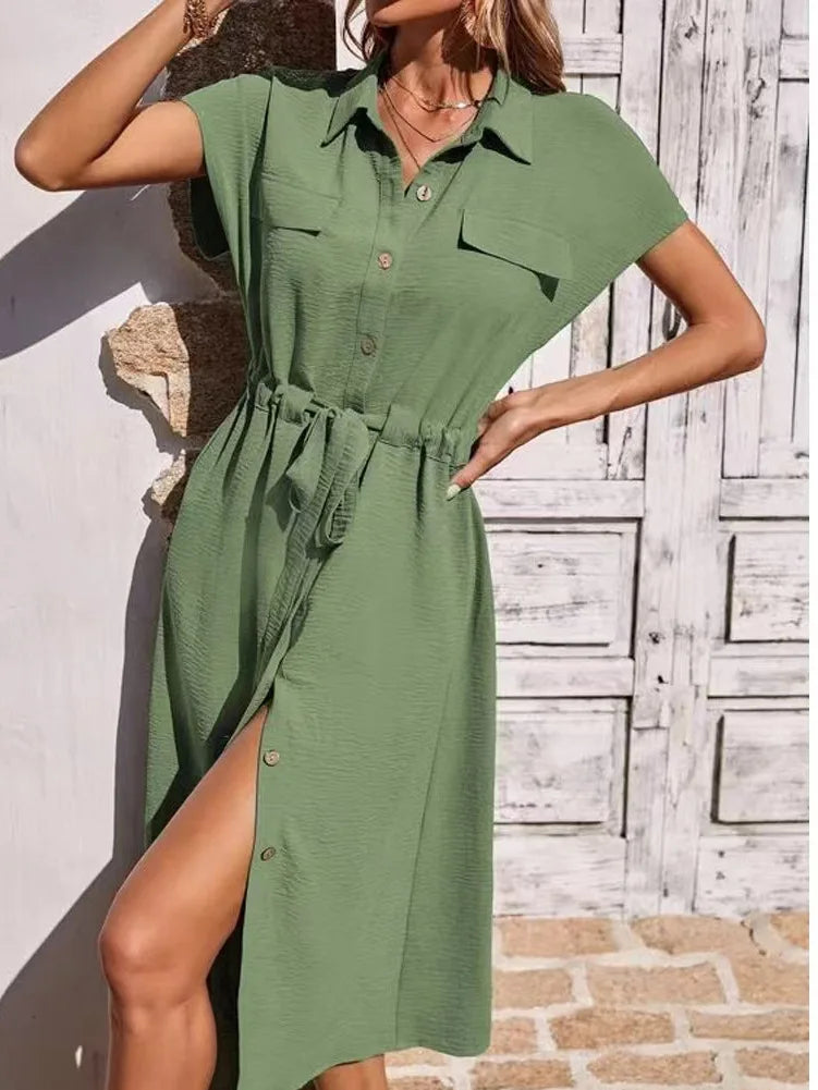 Summer Shirt Collar Waist Skirt Light Green