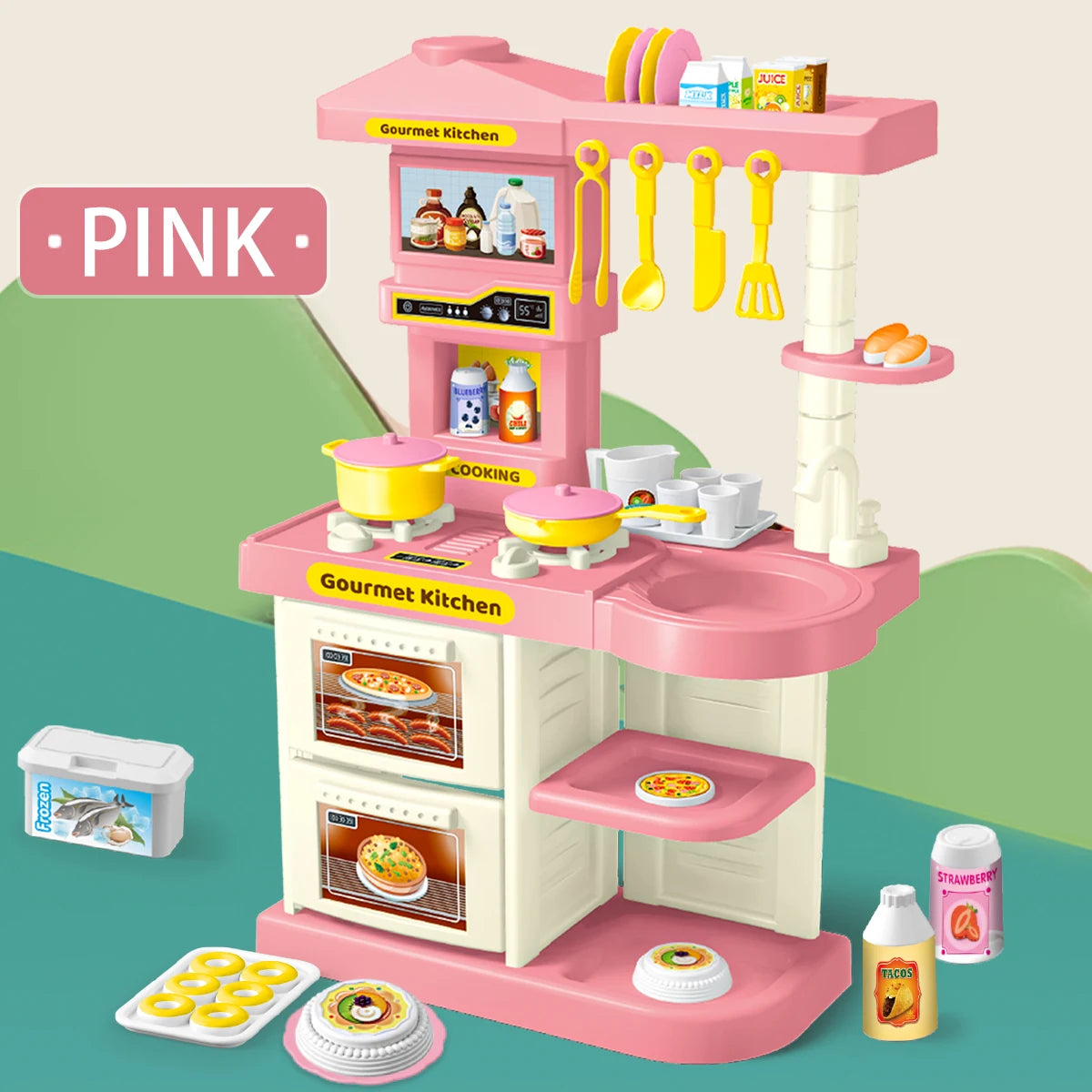 Kids Play Kitchen Accessories, Playset Toys Kitchen Foods Pans Milk Pots Breads Fork for Kid 3+ Boys and Girls Pink
