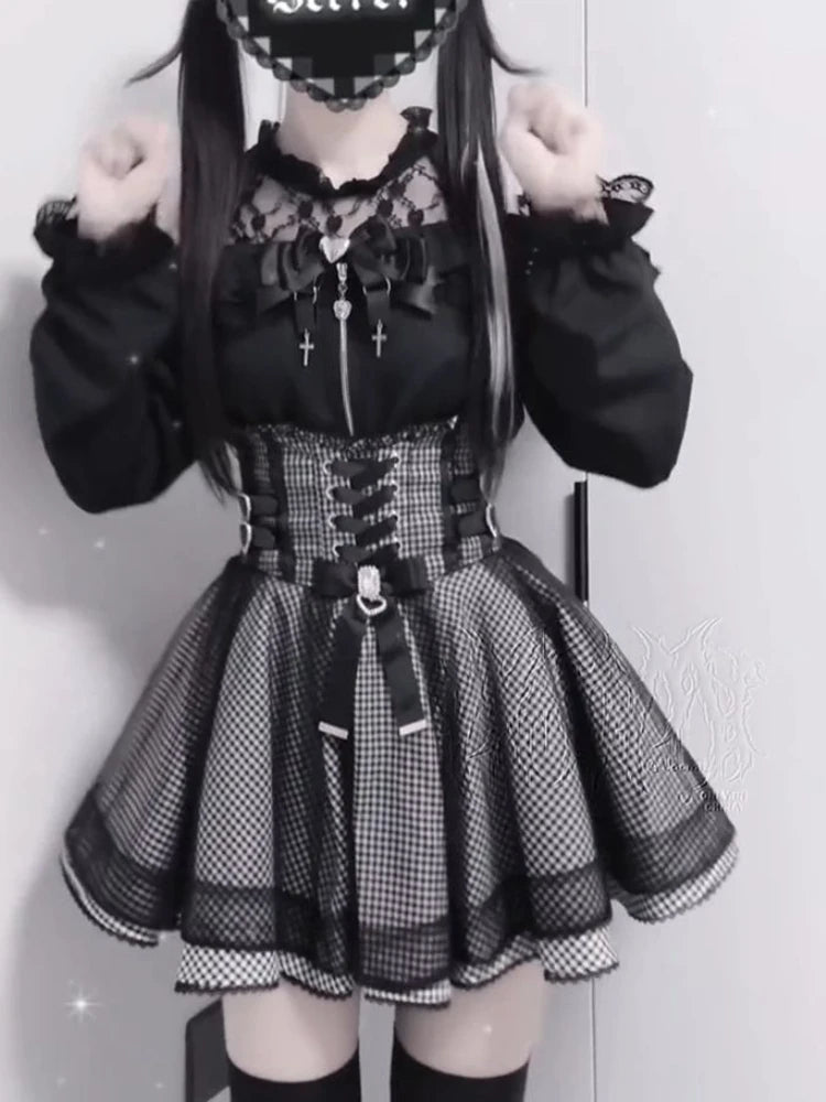 Sweet Elegant Kawaii Slim Off Shoulder Suit Women's Japanese Lovely Lace New Black Short Skirt Suit Fashion Vintage Lolita Set