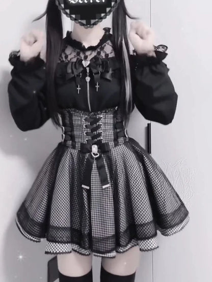 Sweet Elegant Kawaii Slim Off Shoulder Suit Women's Japanese Lovely Lace New Black Short Skirt Suit Fashion Vintage Lolita Set