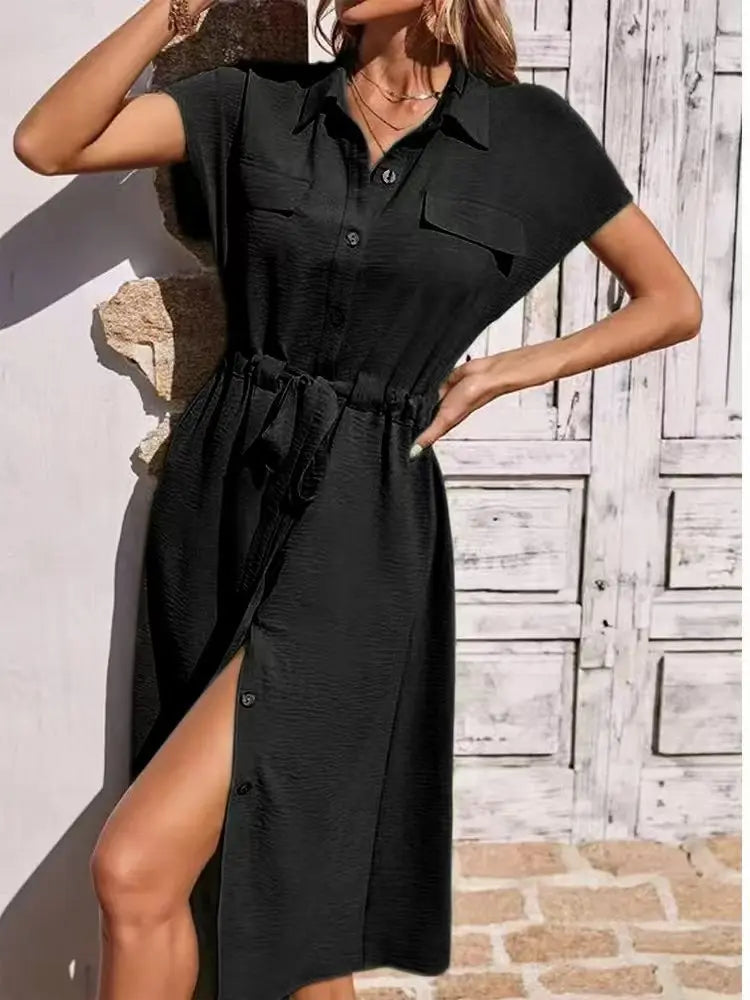 Summer Shirt Collar Waist Skirt Black
