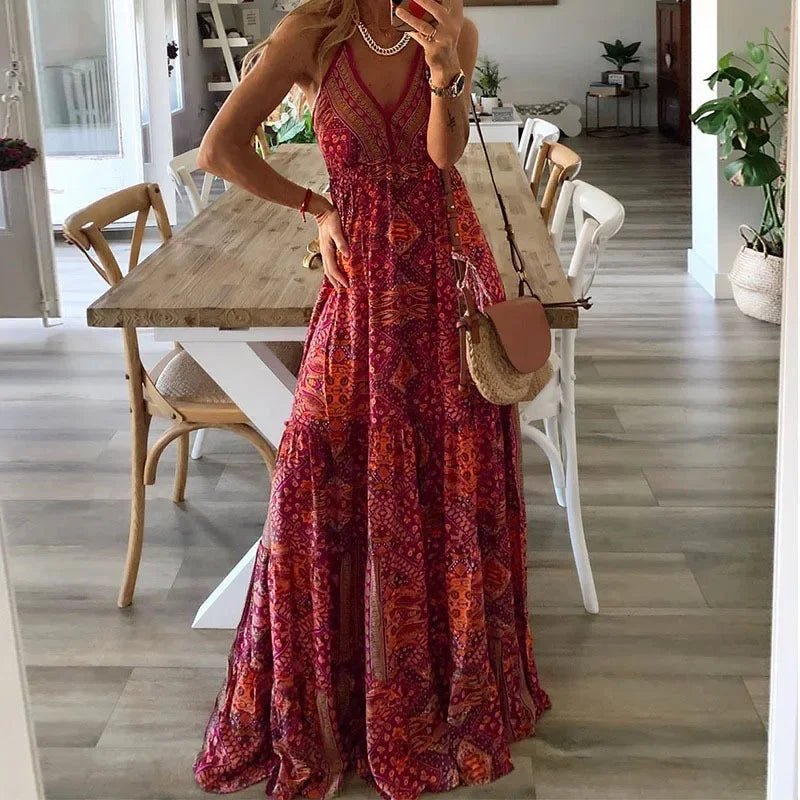 Bohemian Floral Maxi Dress Red