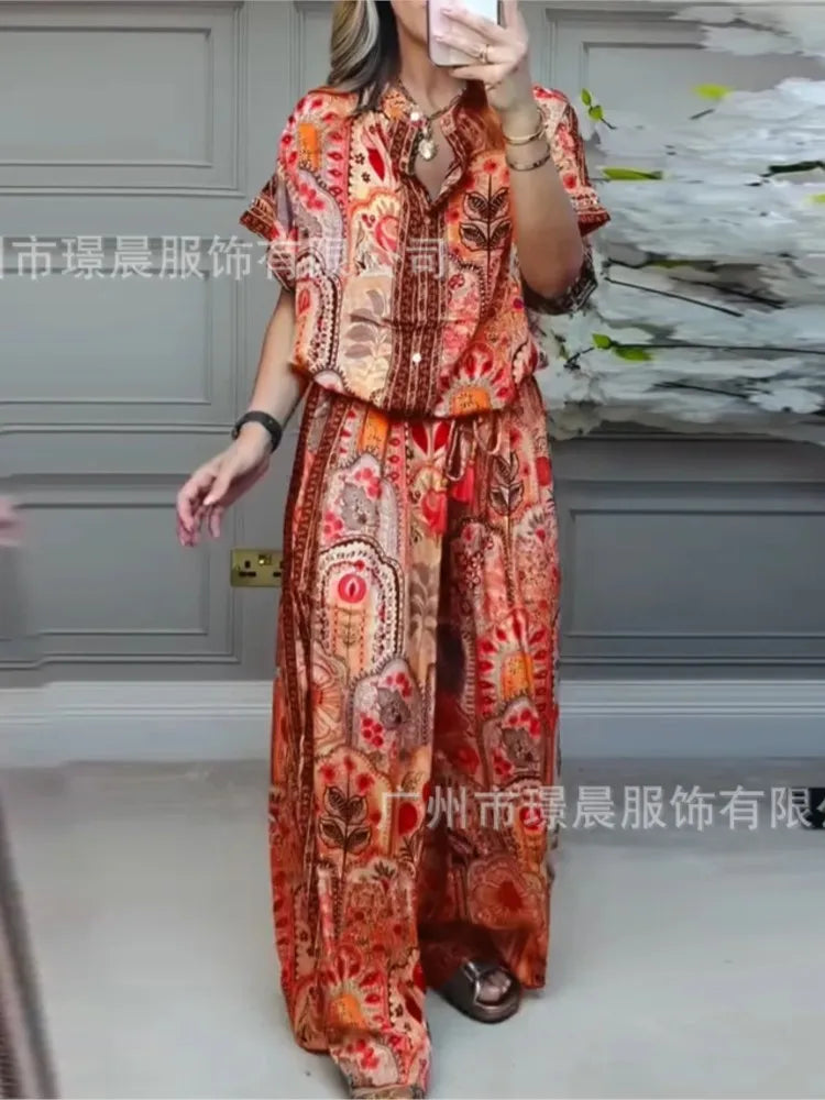 Printed Top & Wide-Leg Pants Set