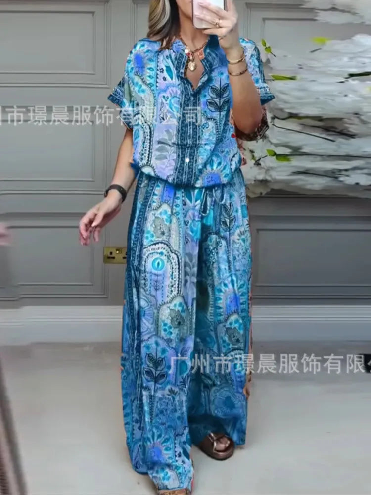 Printed Top & Wide-Leg Pants Set