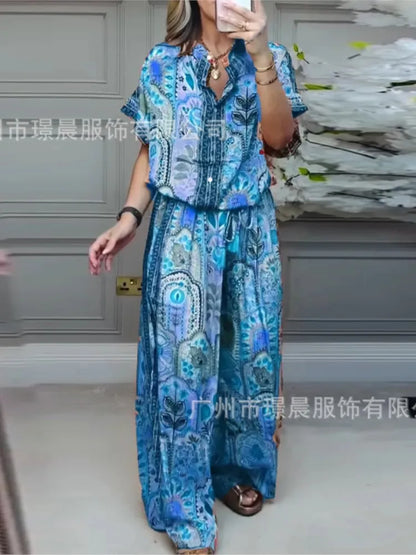 Printed Top & Wide-Leg Pants Set