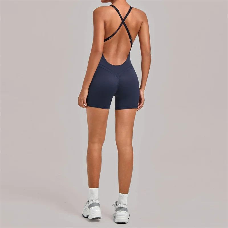 SVEIC Gym Sports Jumpsuits Short Cross Backless Hollow Fitness Workout Sportswear One Piece Bodysuit Running Tight Yoga Clothing Dark blue China Mainland