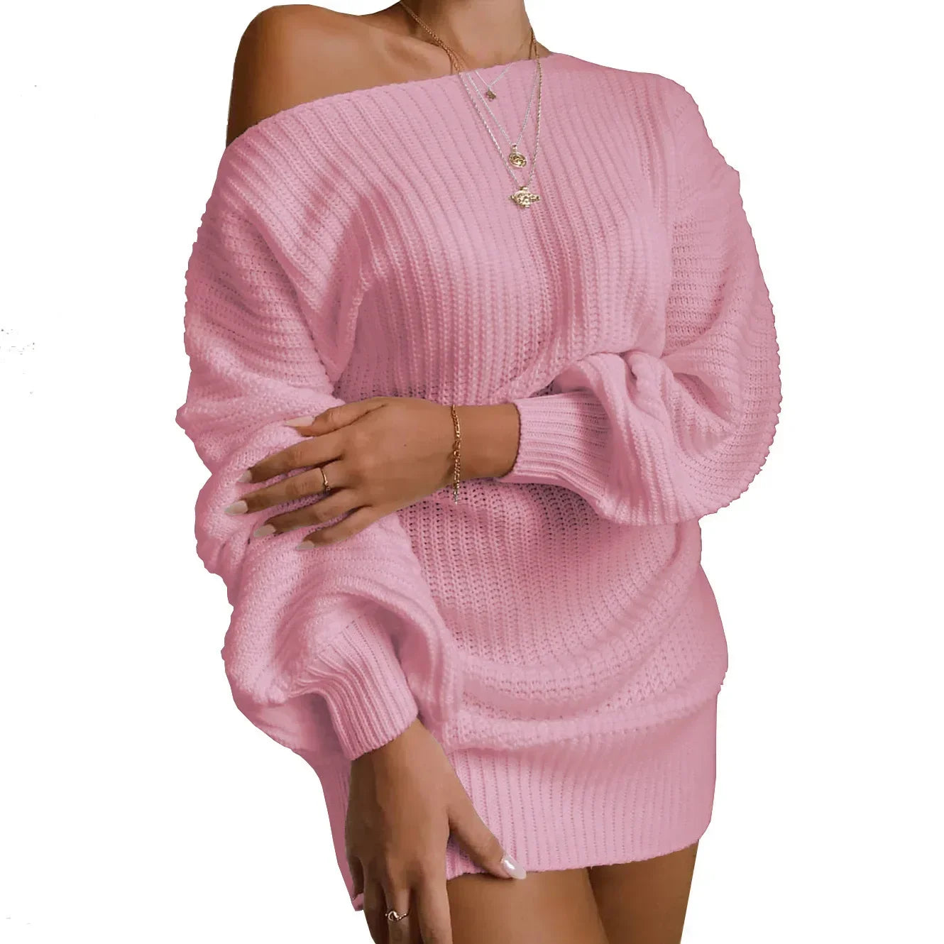 Cold Shoulder Knit Sweater Dress Pink