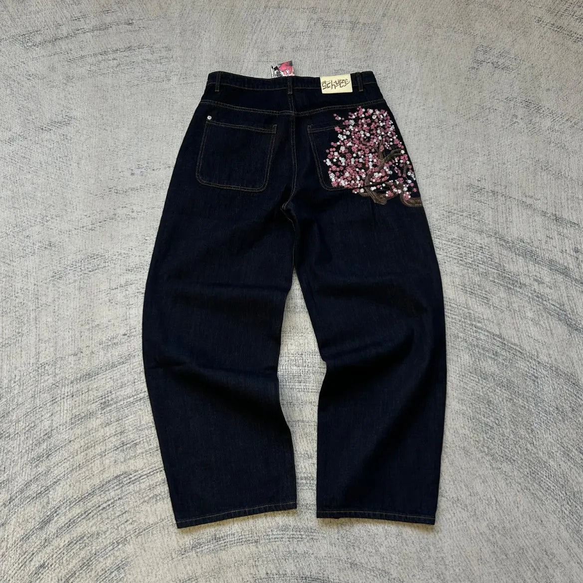 Cherry Blossom Embroidered Baggy Jeans — Y2K Low Waist Wide Leg, Unisex 1
