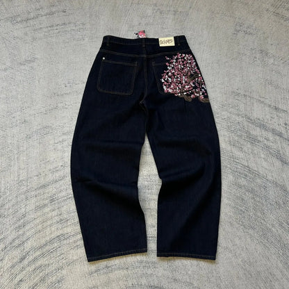 Cherry Blossom Embroidered Baggy Jeans — Y2K Low Waist Wide Leg, Unisex 1