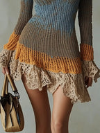 Sweater Knitted Dress for Women's Flare Sleeve Lace Trim Hollow Out Sexy V-Neck Winter Fall Chic Retro Casual Mini Dress