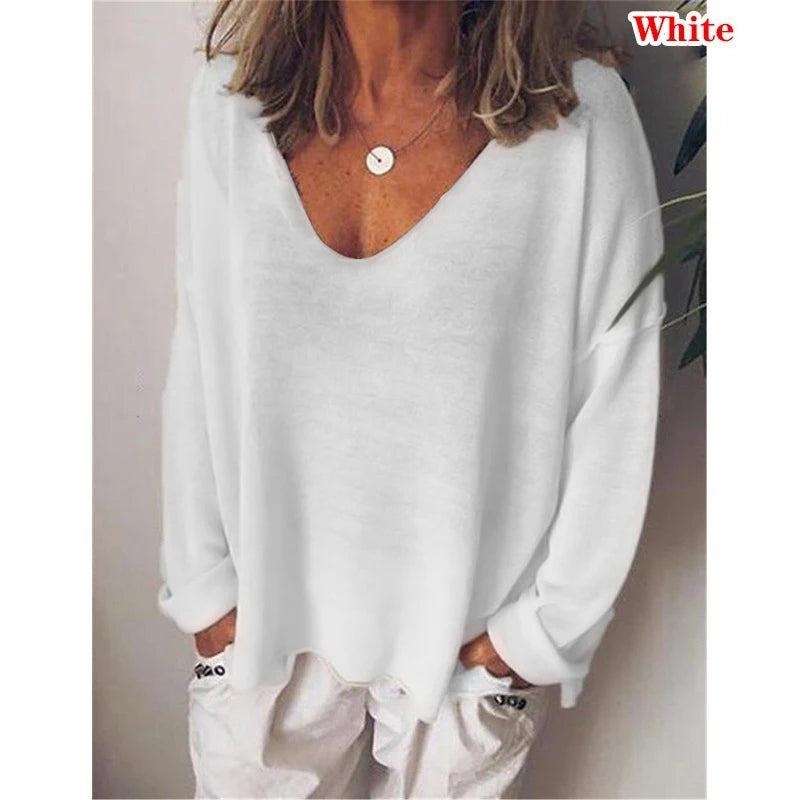 Fashion Summer New Women T-Shirt Solid Color Casual Versatile Loose Tops V-Neck Blouses Long Sleeve Shirt Perspective Y2K Tops White