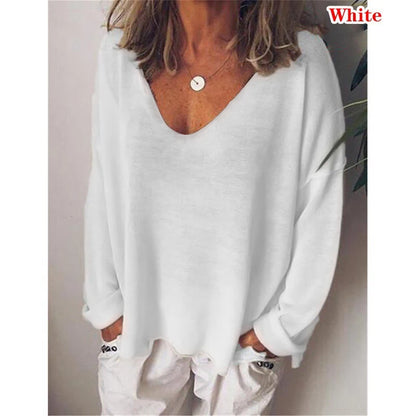 Fashion Summer New Women T-Shirt Solid Color Casual Versatile Loose Tops V-Neck Blouses Long Sleeve Shirt Perspective Y2K Tops White