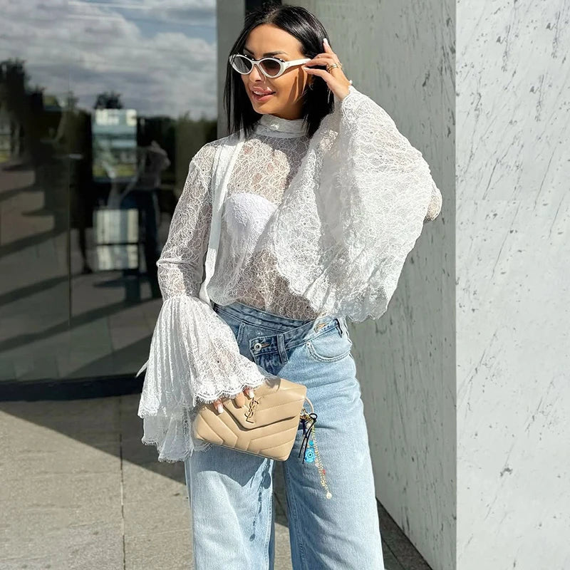 Tornova Sexy Lace Women's T shirt Ruffled Sleeve Ribbon Blouse Fashion Pullover Top 2025 Fall Winter Casual Office Lady T shirt