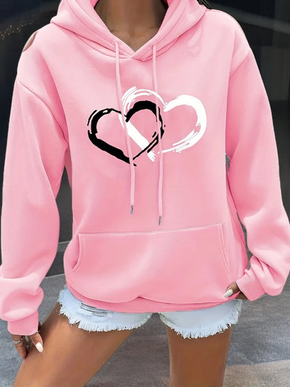Women'S Hooded Sweatshirt with Heart Print Casual Long Sleeve Pullover with Kangaroo Pockets Simple Design Showing Natural Style Pink