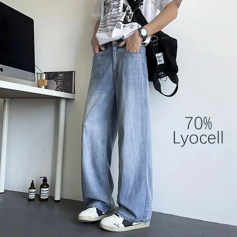Men's Korean Streetwear Baggy Jeans — Wide Leg, Low Waist, Light Wash