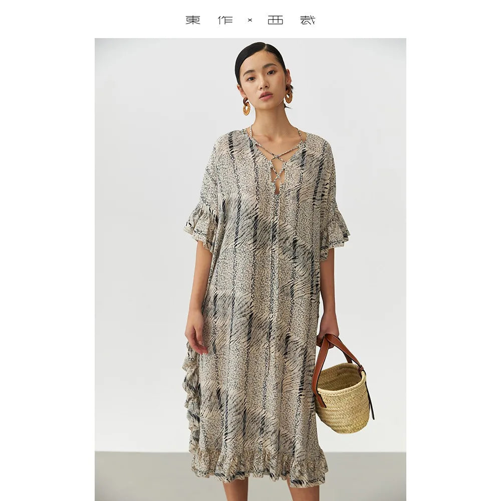 Animal Fiber Fabric~Women's Ruffled Mulberry Silk Dress with a Unique Design, Niche Style Long Silk Dress Design