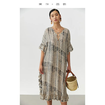 Animal Fiber Fabric~Women's Ruffled Mulberry Silk Dress with a Unique Design, Niche Style Long Silk Dress Design
