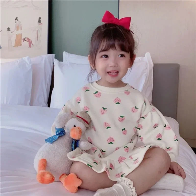 Girls' Dress Cartoon Strawberries Autumn New Korean Girls' Splicing Pleated Dress Printed Baby Kids Casual Clothes Pink