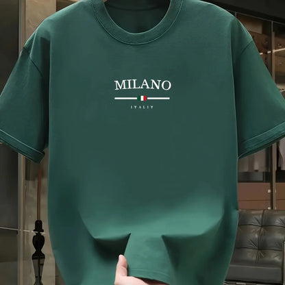 Men's 100% pure cotton fashionable casual loose Italian style Milan letter printed round neck short sleeved T-shirt top A1589-lv
