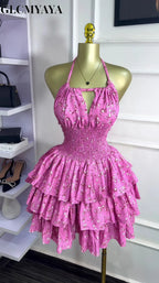 CM.YAYA Women Floral Printed Halter Ruffles Midi A-line Tiered Mini Dress Fall Vacation Elegant Evening Birthday Party Dresses