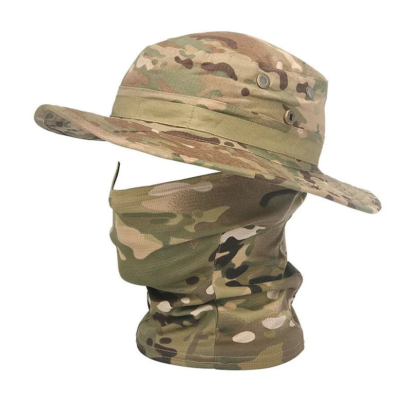 Camouflage Boonie Cap Balaclava Hat Suit Foldable Soft Hat Outdoor Hunting Fishing Wide Brimmed Hat Sunscreen Caps Mask Hat Suit