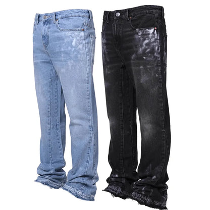 Jeans Men Vintage Straight Pants Mid Waist Stretch Distressed Washed Pockets Button Basics Trousers 2025 Streetwear Denims