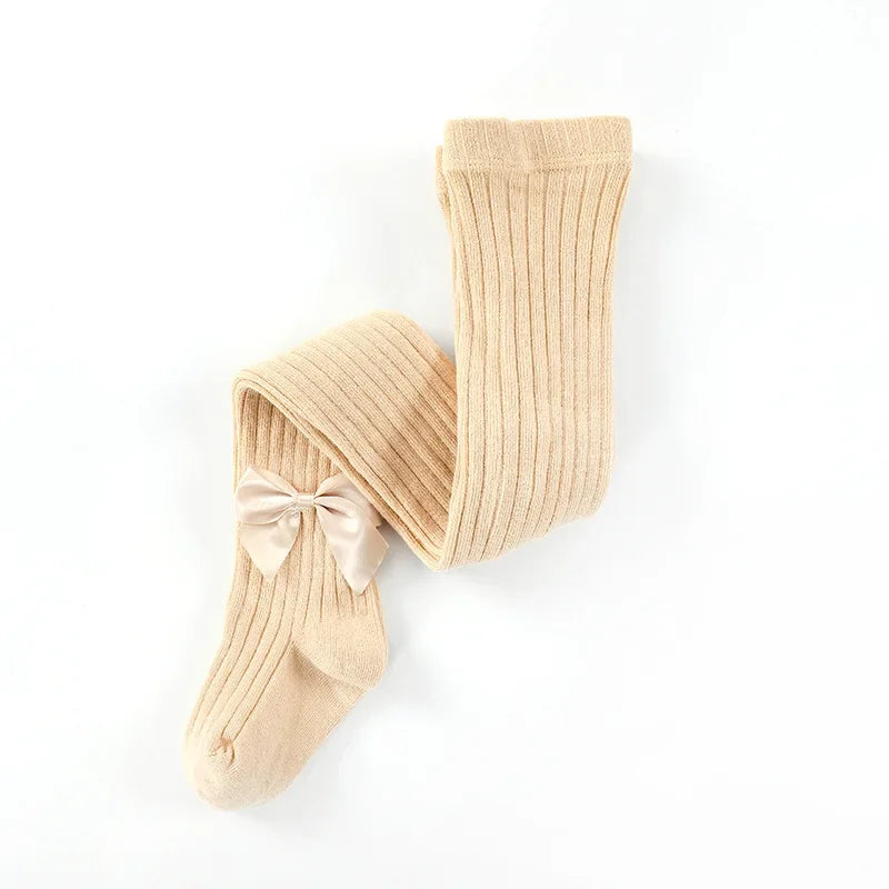 Spring Autumn Baby Girls Tights Cotton Knitting Tights for Girls Fashion Bowknot Children Girls Pantyhose Soft Leggings Beige