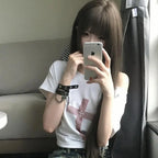 Seeslim Gothic Off Shoulder Cross Graphic T Shirts 2000s Clothes Y2k Short SLeeve Tees Female Clothing Goth Summer Tops T-shirt