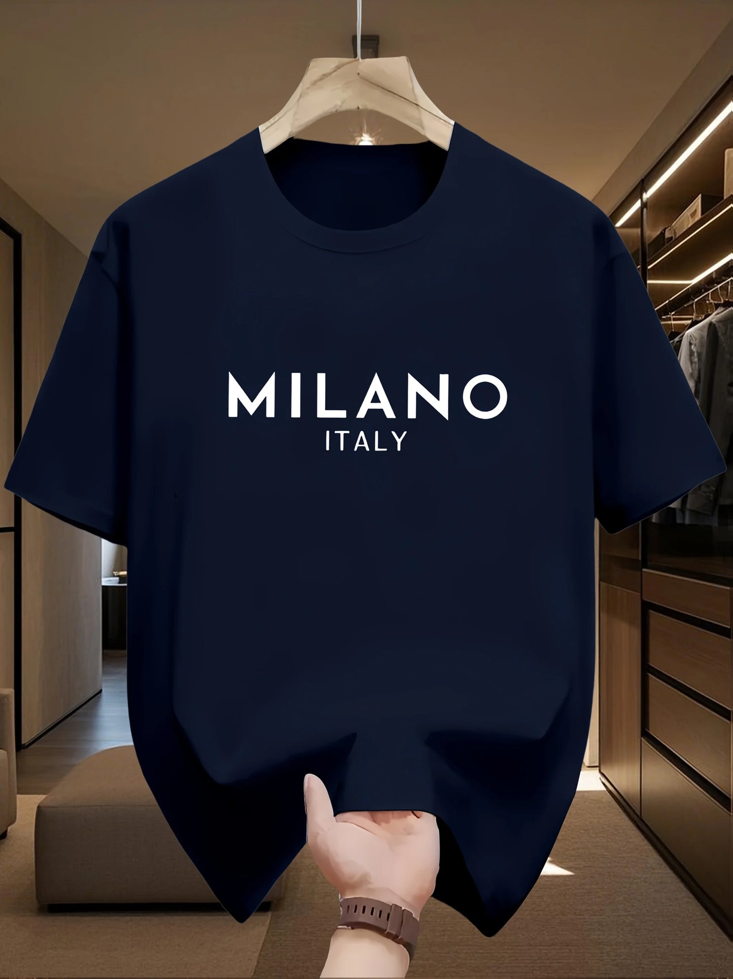 Men's 100% pure cotton fashionable casual loose Italian style Milan letter printed round neck short sleeved T-shirt top A1689-zangqing