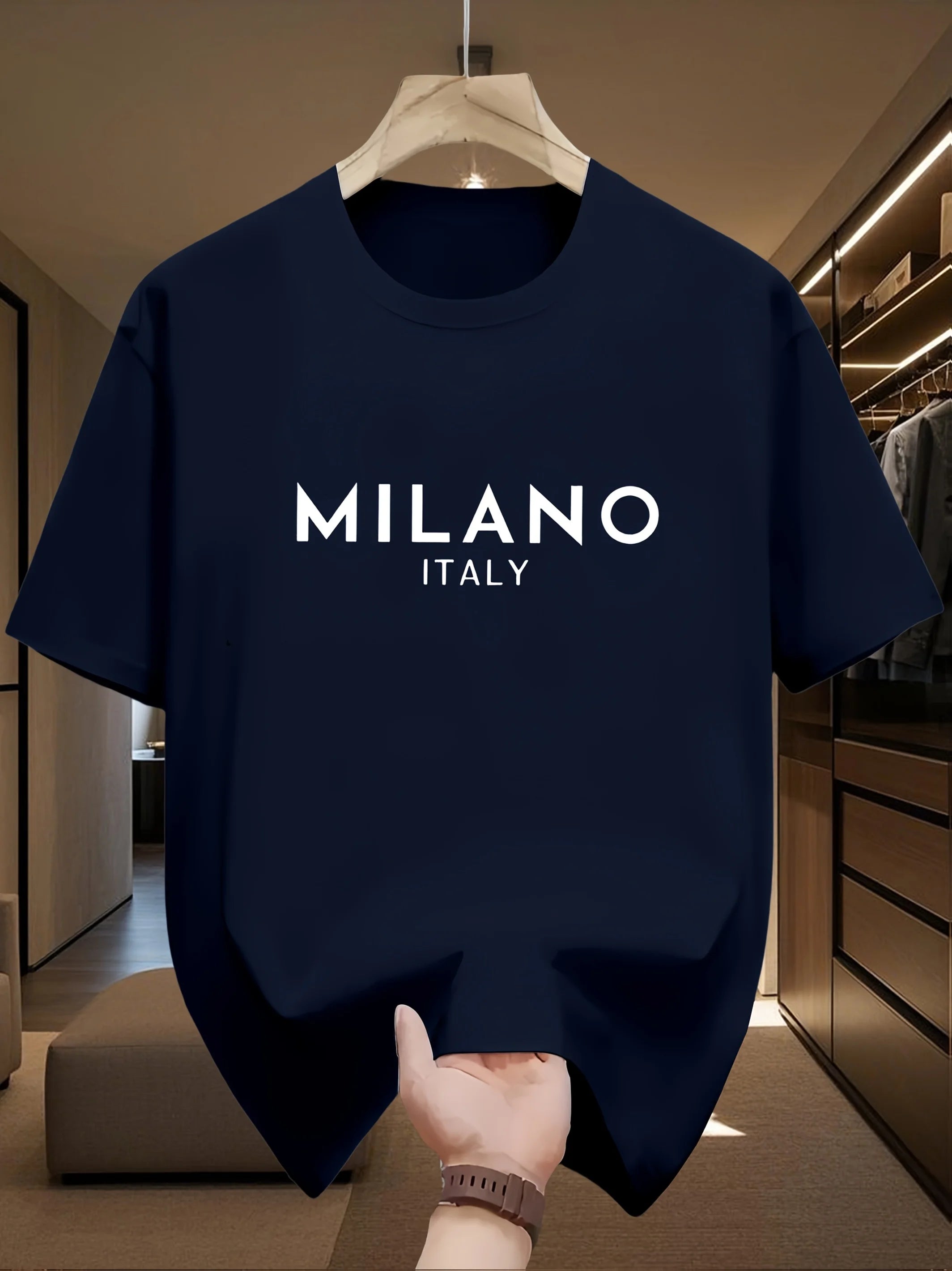 Men's 100% pure cotton fashionable casual loose Italian style Milan letter printed round neck short sleeved T-shirt top
