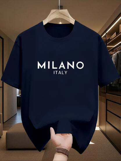 Men's 100% pure cotton fashionable casual loose Italian style Milan letter printed round neck short sleeved T-shirt top A1689-zangqing