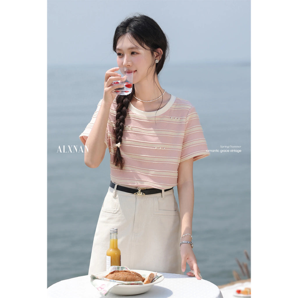 ALXNAN Plus Size Women's Pink Striped T-shirt Elegant Sweet Loose-fit Cotton T-shirt Round Neck Short Sleeve Tops L55319 D10639 Pink Striped T-shirt