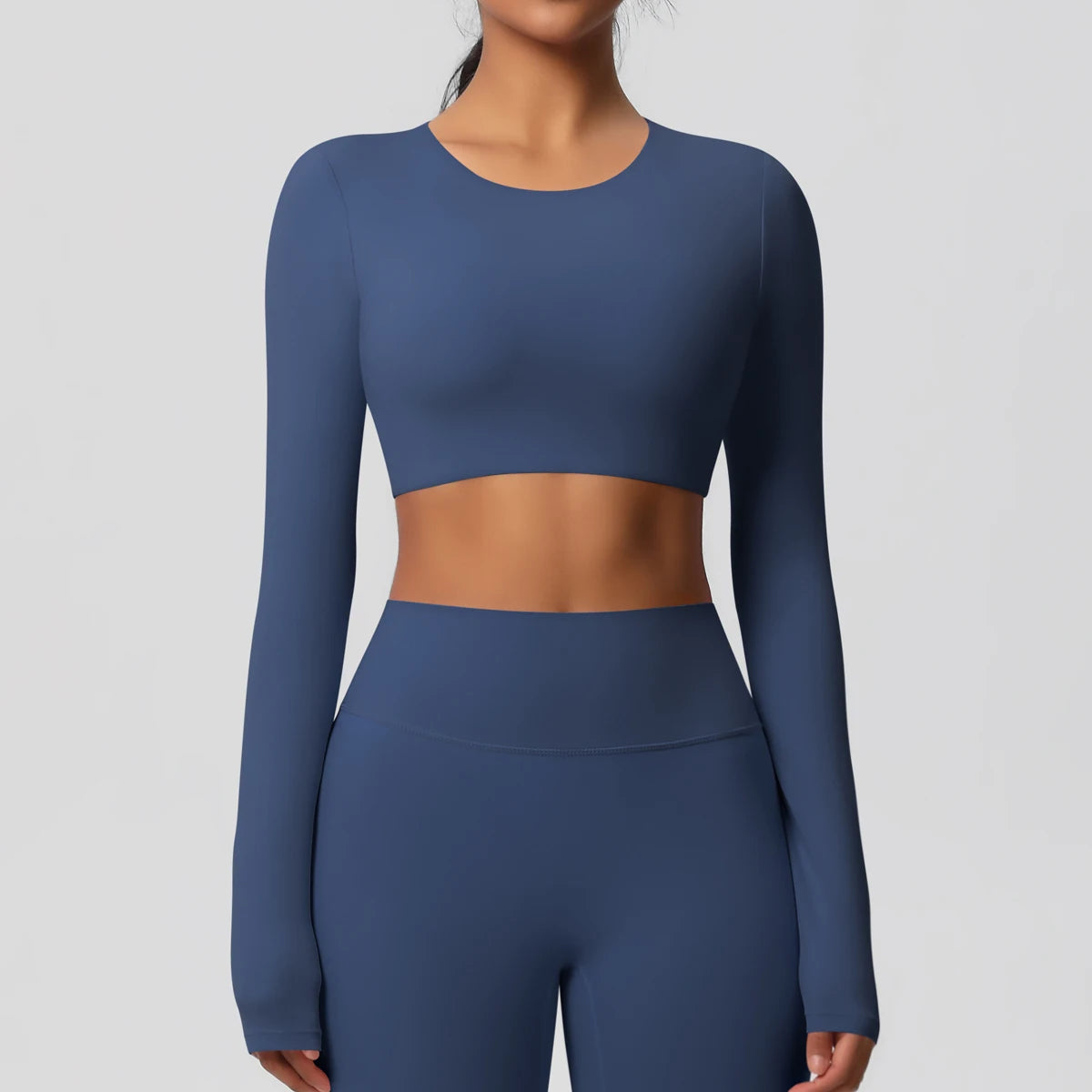 Yoga Shirts For Women Long Sleeve With Padded Fitness Running Gym Clothes Workout Dry Fit Breathable High Elastic Sports Top Navy