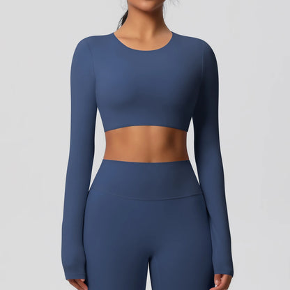Yoga Shirts For Women Long Sleeve With Padded Fitness Running Gym Clothes Workout Dry Fit Breathable High Elastic Sports Top Navy