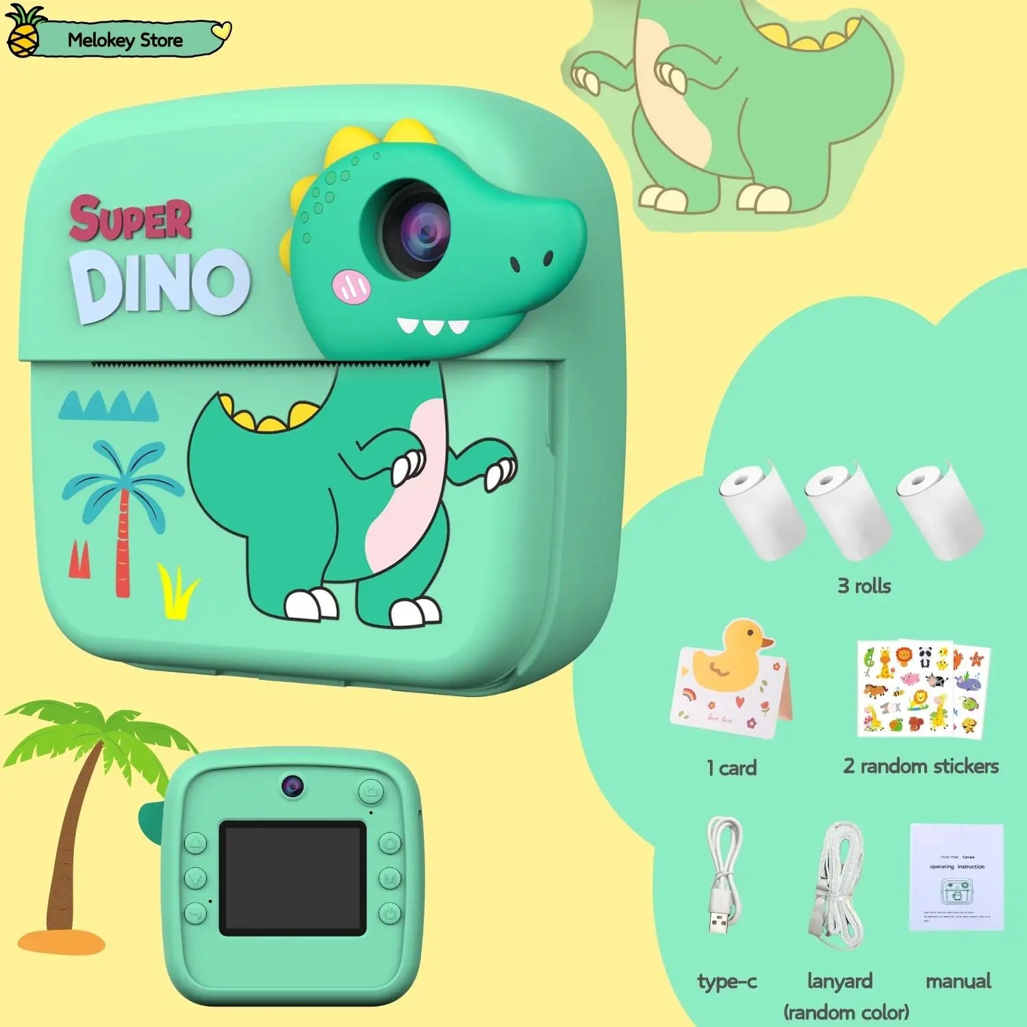 Kids Photo Camera Printer with Game Cute Pink Blue Mini Digital Video Child Instant Print Camera 4-12 Years Kids Girls Boys Gift Dinosaurs-Set2