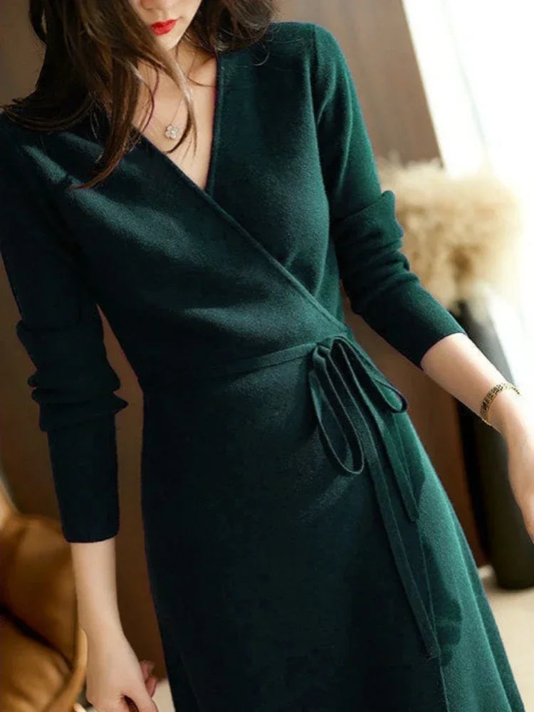 V-Neck Wrap Knitted Dress Dark green