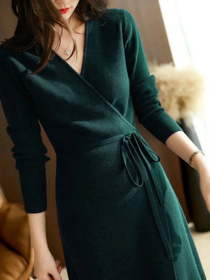 V-Neck Wrap Knitted Dress Dark green