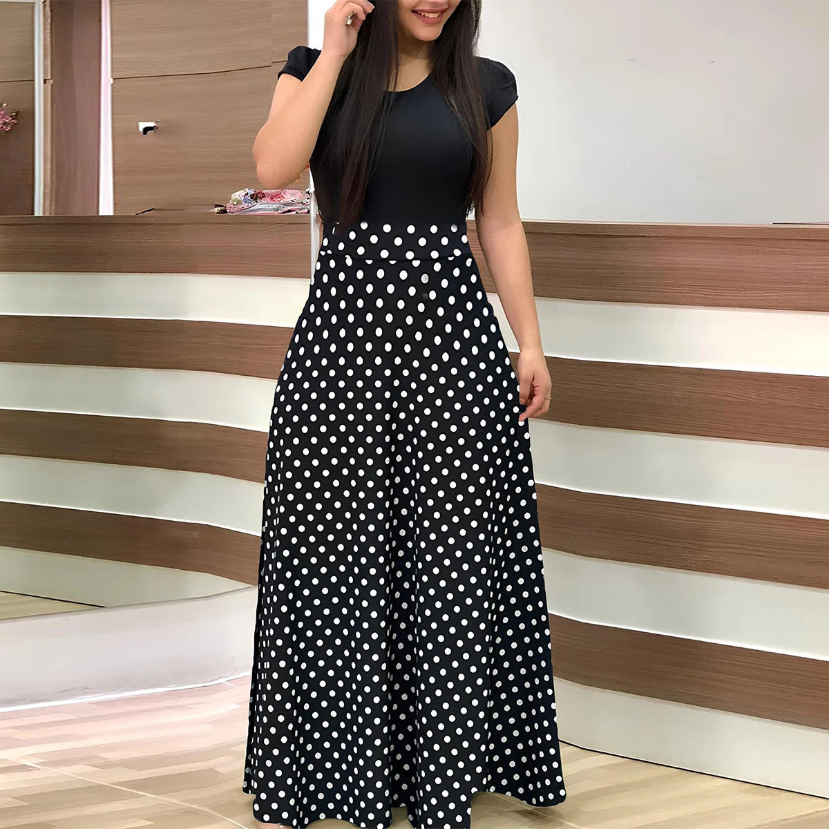 Spring/Summer Chic Midi Polka Dot Dress - Sexy Fit & Flare, Comfortable Knit, Easy-Care