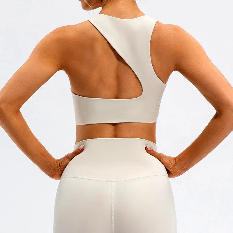 FUBEIKE Beauty Back Exercise Underwear Women Shockproof Yoga Push Up Bras Running Workout High Strength Sports Fitness Vest Beige