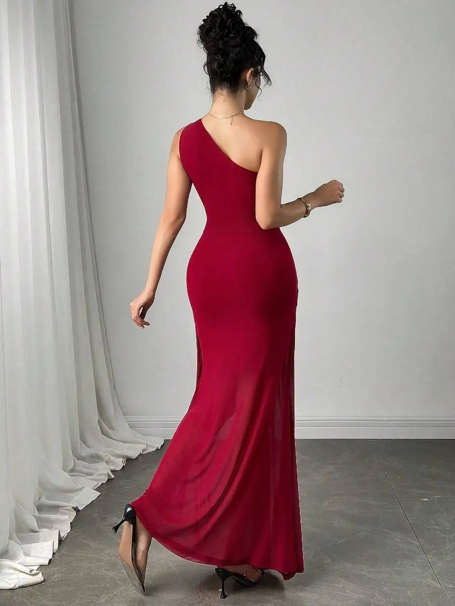 Women's One-Shoulder Ruched Burgundy Maxi Dress for Evening Party