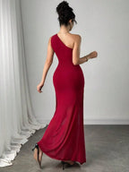 Women's One-Shoulder Ruched Burgundy Maxi Dress for Evening Party