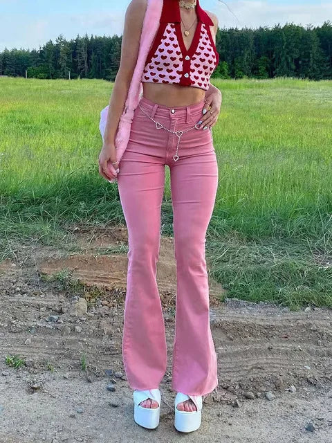 High Waist Slim Fit Street Style Pink Butt Lifting Flared Casual Denim Jeans Women's New Fashion Hot Sale Of The Season Cotto... Pink
