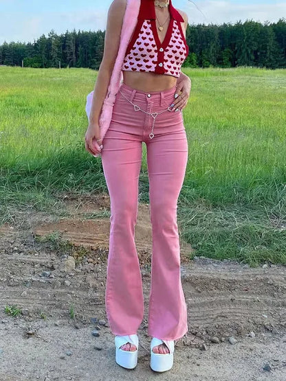 High Waist Slim Fit Street Style Pink Butt Lifting Flared Casual Denim Jeans Women's New Fashion Hot Sale Of The Season Cotto... Pink