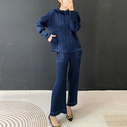 Hooded Jacket & Wide Leg Pants Set Blue One Size